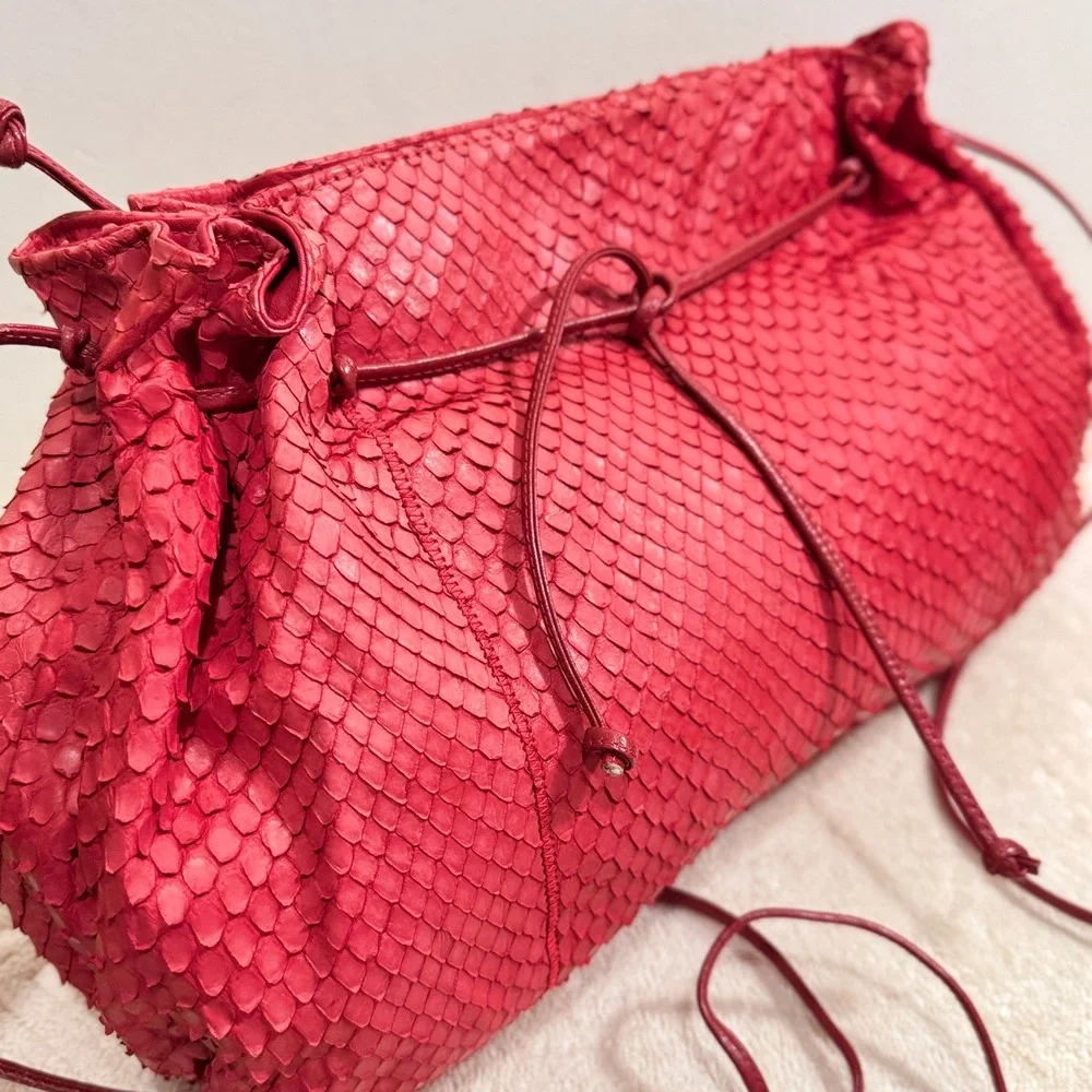 Carlos Falchi Women's Red Python Snakeskin Drawstring Shoulder Crossbody Bag